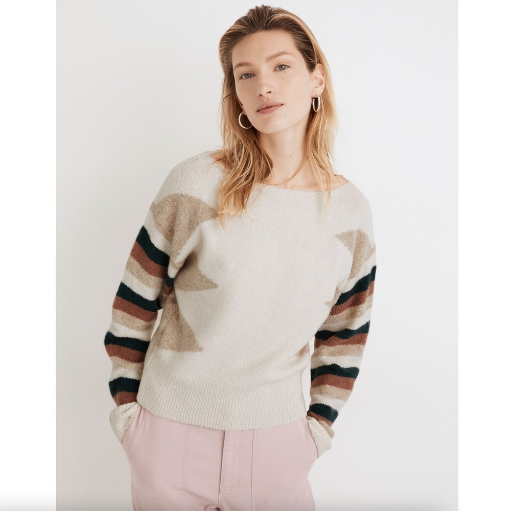 New With Tags Madewell Stripe-Sleeve Geo Pullover Sweater Soft L MC014 Cream
